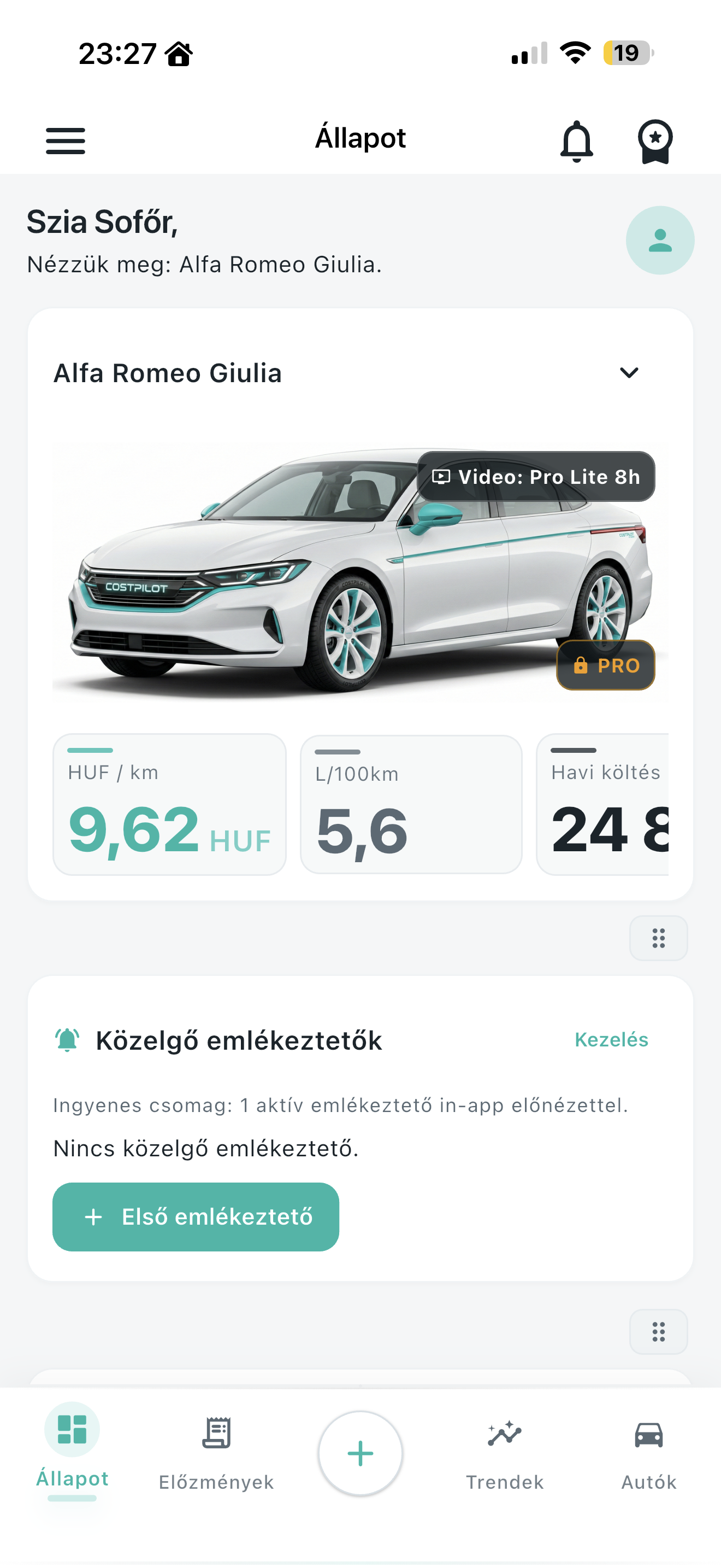 CostPilot műszerfal képernyőkép
